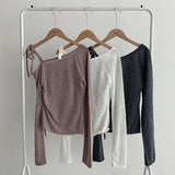 Spring New Out-Shoulder Tie Bow Design Blouse Oblique Shoulder Collar Drawstring T-Shirt Long Sleeve Fork Sweet