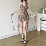 Spice Girl Sexy Net Yarn Sui Irregular Dress Women's Summer Skinny Suede Short Dresses