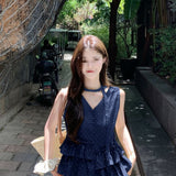 Tibetan Blue Age-Down Wave Vest Shirt 2026 Sleeveless Summer New Lotus Leaf Top Loose Woman