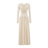 Lace Splicing Pure Lusty V Collar Long-Sleeved Dress Women Autumn Body-Sleeve Skirt Design Feel Large Swing Dress