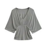 Bat Long-Sleeved Deep V-Neck T-Baender 2026 Summer New Hot Girl Windy Loose Waist Wrinkled Folding Top