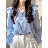 This Year's Popular Beautiful Shirt Light Luxury French Small Niche Beautiful Blue Long-Sleeved Shirt Women's Early Autumn Elegant