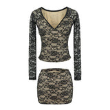 Light Familiar Wind V-Neck Hollow Lace Long-Sleeved Top Dress Showing Thin Low-Waisted Temperament Ass Short Skirt Sexy Two-Set Woman