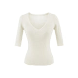 Pure Lust Wind Sexy V-Neck Slim Thin Five-Sleeved Knitted Shirt Girls Summer Solid Color Repair Inside The Bottom Top