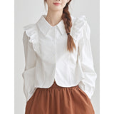 French Retro Lotus Side Spliced Short Shirt Lady Temperament Slimming Foam Sleeve Top