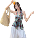 Sweet And Spicy Collegged Lattice V-Neck Sling Vest For The Summer Re-Bitelon Design With A Bow Hanging Neck Blouse