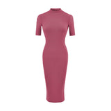 Simple High-End Temperament Half-High-Necked Mid-Sleeve Dress Woman Body Bottom After The Fork Bag Dress