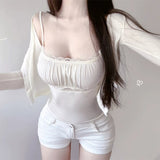 Spring And Summer Temperament Slim Body Pure Lust Lace Splicing Sling T-Shirt + Long-Sleeved Sunscreen Top Two Sets