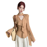 Temperament Sexy Ribbon V-Neck Pure Long-Sleeved T-Shirt Girl Autumn Hottie Slimming Top Niche