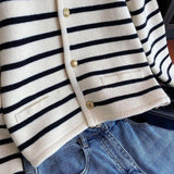 Casual Black And White Striped Small Fragrant Knitted Cardigan Women's New Autumn And Winter Wear Short Sweater Jacket