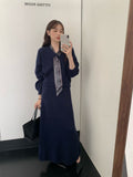 Autumn And Winter Wear Suit Women 2025 New Korean Design With Silk Scarf Knitted Sweater Half Dress Two Sets