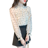 Spring And Autumn French Slimy Flowers Half High Collar Outside Wearing A Shirt Lady Shirt With Long-Sleeved Top Temperament Elegant