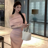 French Oblique Shoulder Dress Sexy Long Temperament Waist And Shoulder Folding Bag Hips Open Forked Senior Sense Skirt