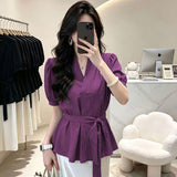 French Irregular V-Neck Short-Sleeved Shirt Women Summer New Waist Thin High-End Feel Tied Shirt Women's Top