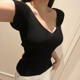 Brown Coffee Double V Collar Slim Thin Knitted Shirt Cover Sleeve Short Sleeve Top Of South Korea's New Spring And Summer Body Sexy