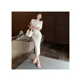 French Oblique Shoulder Dress Sexy Long Temperament Waist And Shoulder Folding Bag Hips Open Forked Senior Sense Skirt