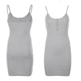 Summer New Fashion Low-Breasted Shoulder Threaded Button-Buttoned Slings Solid-Colored Bottoming Dress