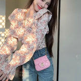 Super Good-Looking Lotus Leaf Side Chiffon High-Waist Long-Sleeved Broken Flower Shirt Women Spring And Summer Single Special Beautiful Short Top