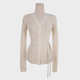 Spring New V-Neck Belt Temperament Thin Micro-Permeable Top Korean Linen Long-Sleeved Knitted T-Shirt Woman