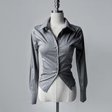 Temperament Gray Design Shirt Long Sleeves Flipped Open Fork Top Woman Slim Thin Cardigan Spring New Pure Desire
