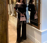 High-End Fashion Knitted Set Women's 2025 Autumn And Winter 2025 New Shoulder Sweater High-Waist Broad Leg Pants Two Sets
