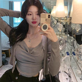 Autumn Temperament Fashion Folds Slime Body Sling T-Shirt + Korean Short Long-Sleeved Open Shirt Two Sets Of Women