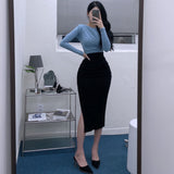 Slender Open Fork Loose Waist Half-Dress Folded Long Skirt Bag Hip Skirt South Korea Dongdaemun Autumn New Sexy