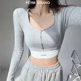 Sexy Tight Slim Short-Envesting Long-Sleeved T-Shirt Girl Single-Dbutton Label-Necked V-Necked Bottom Shirt