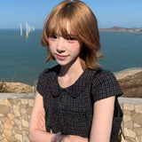 Sweet Doll Collar Plaid Bubble Sleeve Strap With Short-Sleeved Shirt Women's Summer Waist Casual Wind Thin Top