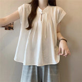 Zen Shirt New Chinese Women's Round-Neck Summer French Small White Short-Sleeved Shirt Elegance