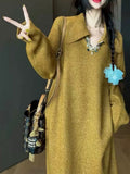 Autumn And Winter Languid Retro Knitted Dress Woman 2025 New Long Fashion Loose Fat Mm Large Size Sweater Dress