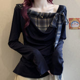 Spring And Autumn Pure Want To Fake Two Lattice Hot Girl Long-Sleeved T-Shirt Girl Autumn Bottom Shirt Tie Inside The Shoulder Jacket