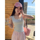Blue Wide Shoulder Sling Vest Women With 2025 Summer New Outer Wear Side Cream Without Sleeves