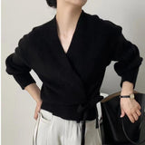 French Retro V Tie Loose Outer Knitted Cardigan Design Sweater Coat Femininity