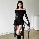 2025 Sweet Spicy Sister Wind Lotus Leaf Side Splicing A Word Shoulder Long-Sleeved T-Shirt Girl Slimmed Hottie Autumn Dress