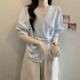 Irregular V-Neck Summer Large-Size Fat Mm Exclusive White Short-Sleeved Shirt Showing Thin Unique Waist Design Top