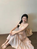 Sweet And Pure-Style Pink Lace Spliced Sling Dress Female Student Summer Design Feel Waist-Covered Dress