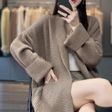 Autumn And Winter New French Collar Long Loose Cardigan Female Solid Color Gentle Lazy Knit Sweater Jacket