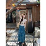 Fuya Temperament Set Women's Summer White Shoulder-Neck Short Sleeved T-Shirt High Waist Broken Flower Dress