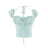 Atmosphere Sense Collar Temperament Hanging Neck Sling T-Shirt Girl Summer Folding Waist Design Sense Of The Word Shoulder Pure Desire Top