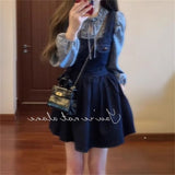 Spring And Autumn Wear A Set Of Women's Loose Retro Bows Cowboy With A Lace Shirt