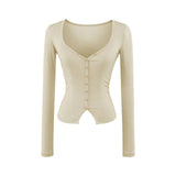 Lyselle V-Neck Button Long-Sleeved T-Shirt Girl Summer Slimming Pure Sexny Chest Bottom Top