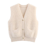 BSK&TRAF Women's Clothing In The Autumn Of 2025 New Small Fragrant Knitted V-Neck Pocket Sweater Vest