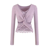 Purely Sexual Low-Breast V-Neck Holiday Two Long-Sleeved T-Shirt Women's Autumn And Winter New Tying Lace Inside The Bottom Shirt