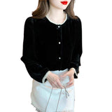 French Hepburn Velvet Gold Velvet Black Shirt Long-Sleeved Women's Dress 2025 New Fashion Blouse