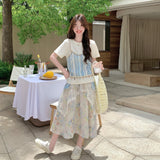 Blue Small Fresh Fake Two Short-Sleeved Shirt Dress Women 2026 Summer Cut-Down Flower Half Skirt Two Sets