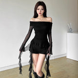 2025 Sweet Spicy Sister Wind Lotus Leaf Side Splicing A Word Shoulder Long-Sleeved T-Shirt Girl Slimmed Hottie Autumn Dress