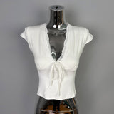 South Korea's New Summer Temperament Slimming Low V-Neck Hottie Pure Lust Lace Side Set Short-Sleeved T-Shirt Top