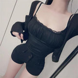 Temperament Repair Body Pure Lust Lace Splicing Sling Sling T-Shirt + Long-Sleeved Sunscreen Shirt Two Sets Of Women