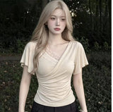 Pure Lust Lace Splicing Short-Sleeved T-Shirt For Girls Summer New Small Flying Sleeves To Repair The Body Of The Hot Girl